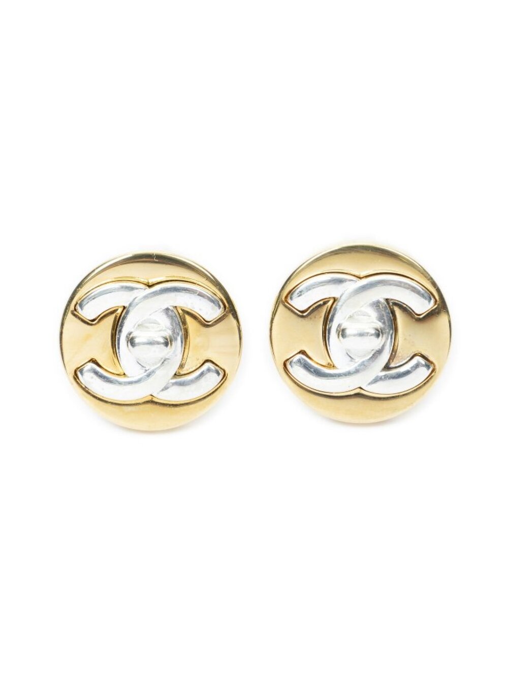 Chanel CC Turnlock Motif Clip-On Earrings Gold Silver Plated
